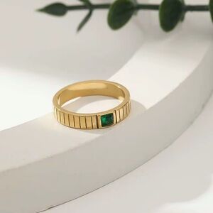 (A11) 18k Plated Elegant Gold Ring with Green Gemstone